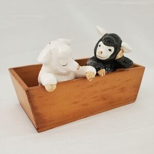 Vintage Fitz & Floyd Anthropomorphic Sheep Salt & Pepper Shakers & Wooden Box